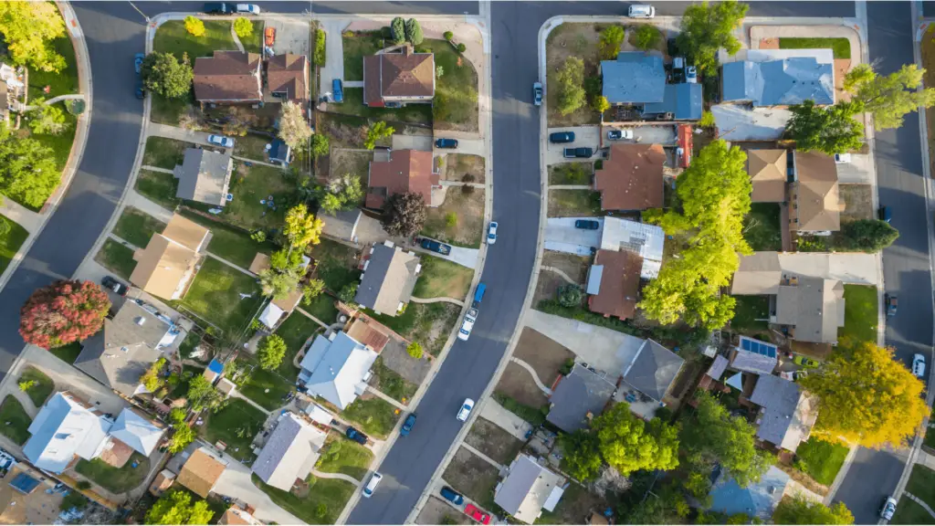 Aerial view of a suburban Phoenix area neighborhood with rows of single family homes