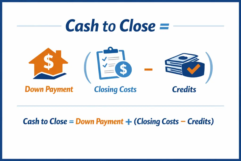 Diagram showing the cash-to-close formula: down payment + closing costs + prepaid items – lender credits – earnest money deposit = total cash to close.